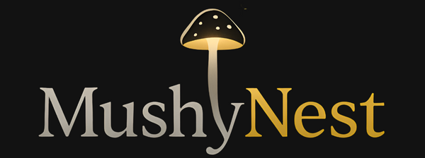 Mushy Nest logo with a mushroom icon on a black background